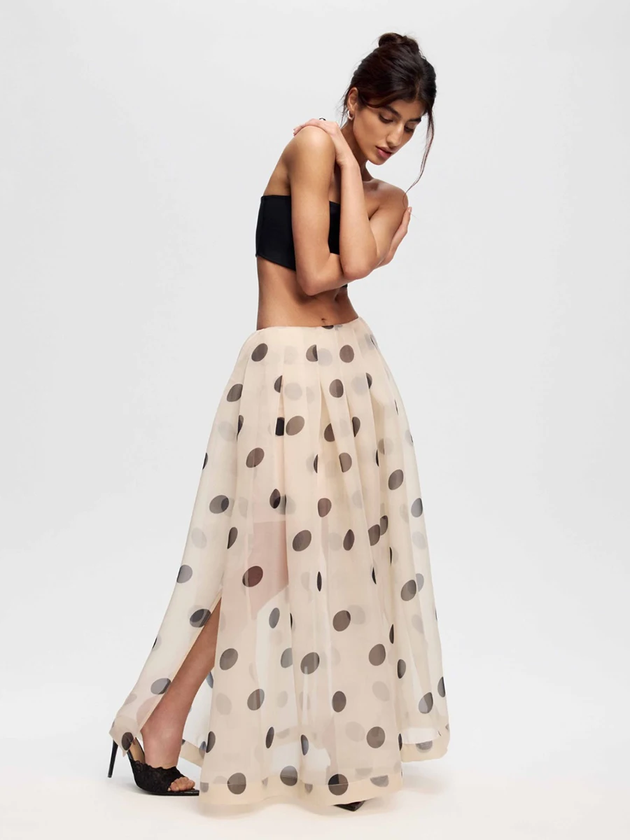 LIMO 2026 Summer See Through Polka Dot Organza Long Skirt High Waist Side Split Swing Maxi Skirt For Women