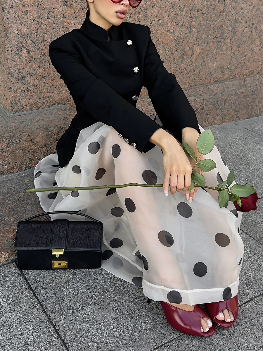 LIMO 2026 Summer See Through Polka Dot Organza Long Skirt High Waist Side Split Swing Maxi Skirt For Women
