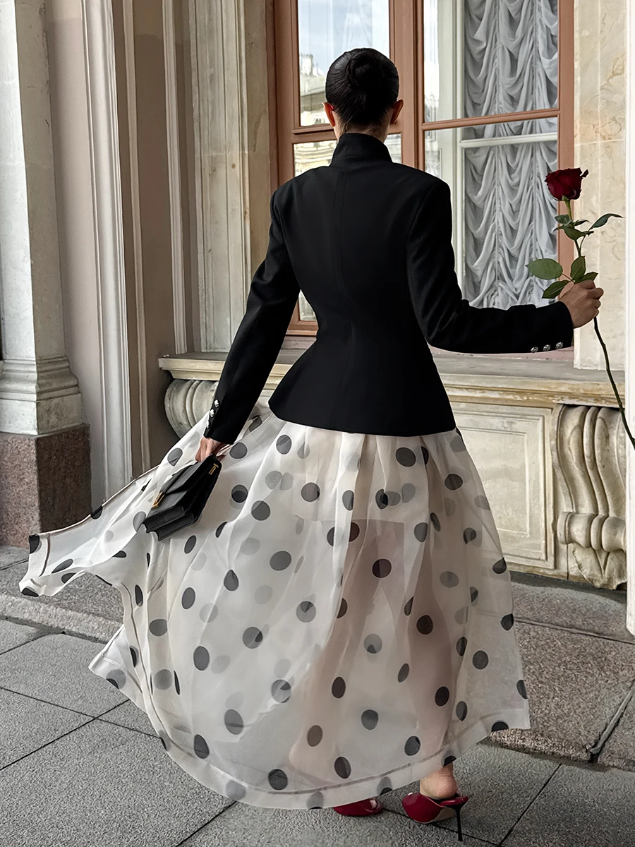 LIMO 2026 Summer See Through Polka Dot Organza Long Skirt High Waist Side Split Swing Maxi Skirt For Women