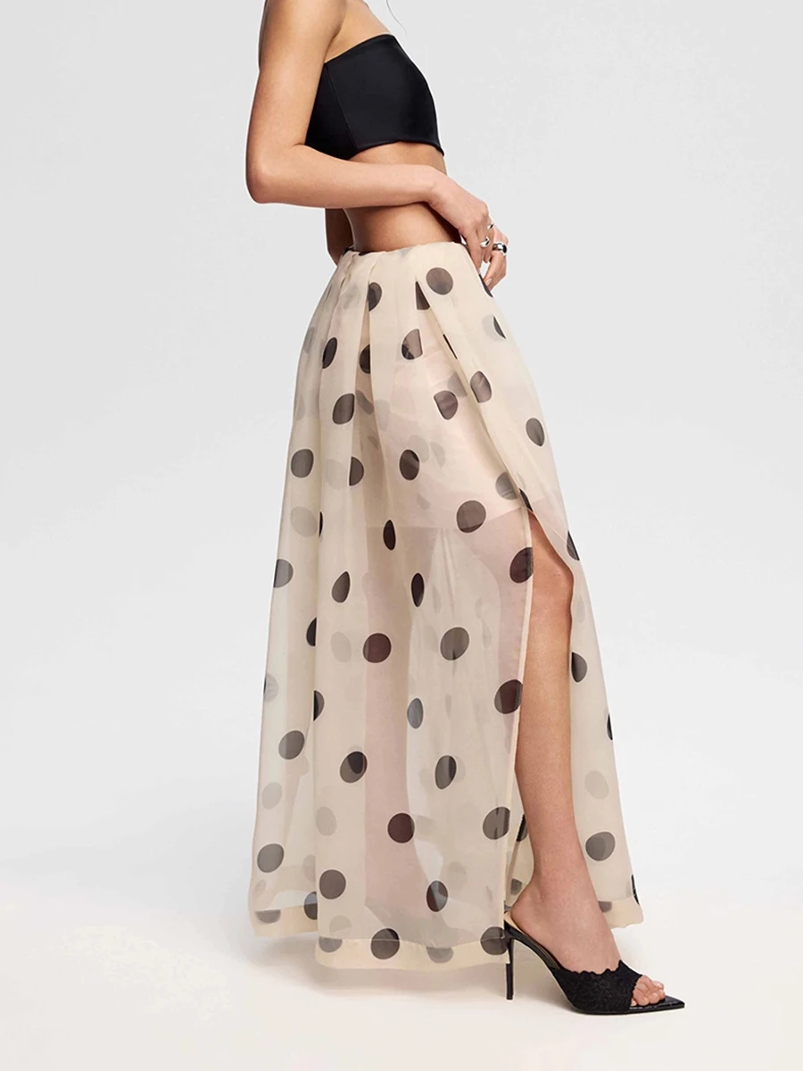 LIMO 2026 Summer See Through Polka Dot Organza Long Skirt High Waist Side Split Swing Maxi Skirt For Women