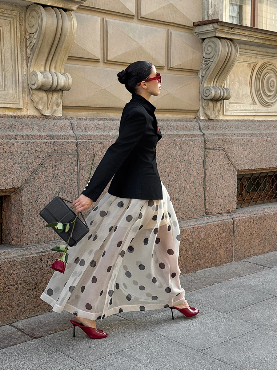 LIMO 2026 Summer See Through Polka Dot Organza Long Skirt High Waist Side Split Swing Maxi Skirt For Women