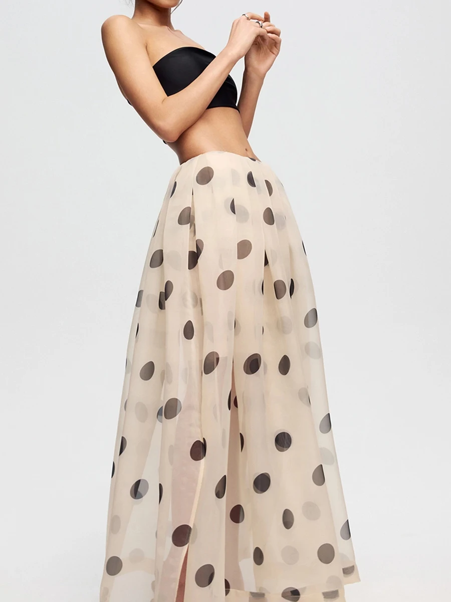 LIMO 2026 Summer See Through Polka Dot Organza Long Skirt High Waist Side Split Swing Maxi Skirt For Women