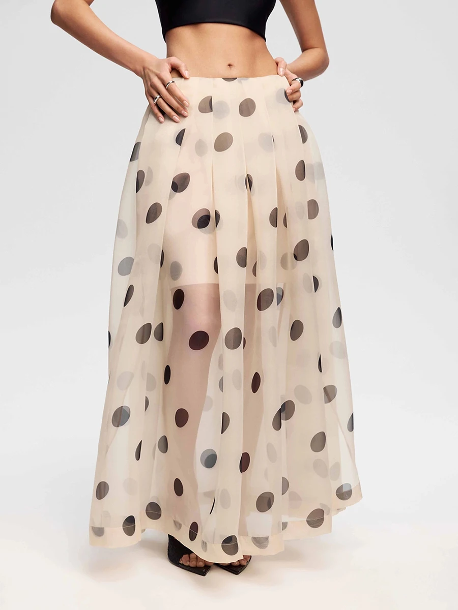 LIMO 2026 Summer See Through Polka Dot Organza Long Skirt High Waist Side Split Swing Maxi Skirt For Women