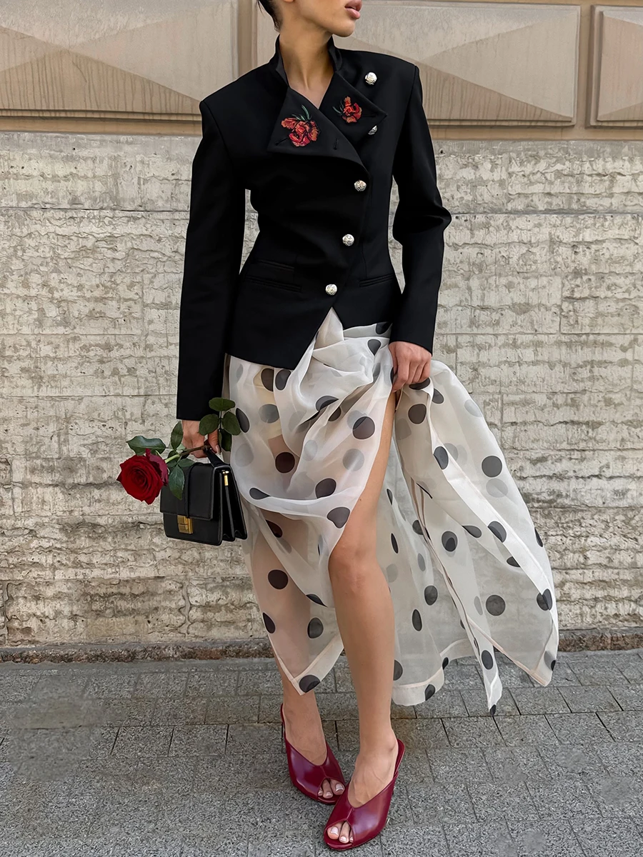 LIMO 2026 Summer See Through Polka Dot Organza Long Skirt High Waist Side Split Swing Maxi Skirt For Women