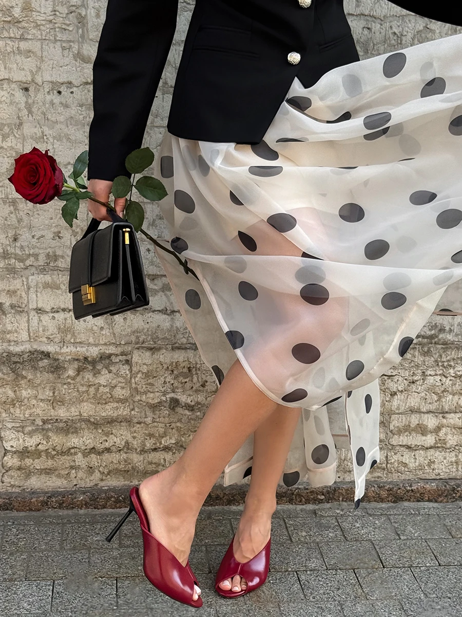 LIMO 2026 Summer See Through Polka Dot Organza Long Skirt High Waist Side Split Swing Maxi Skirt For Women