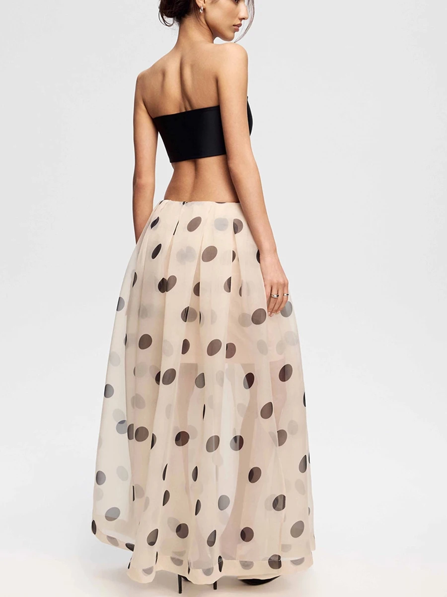 LIMO 2026 Summer See Through Polka Dot Organza Long Skirt High Waist Side Split Swing Maxi Skirt For Women