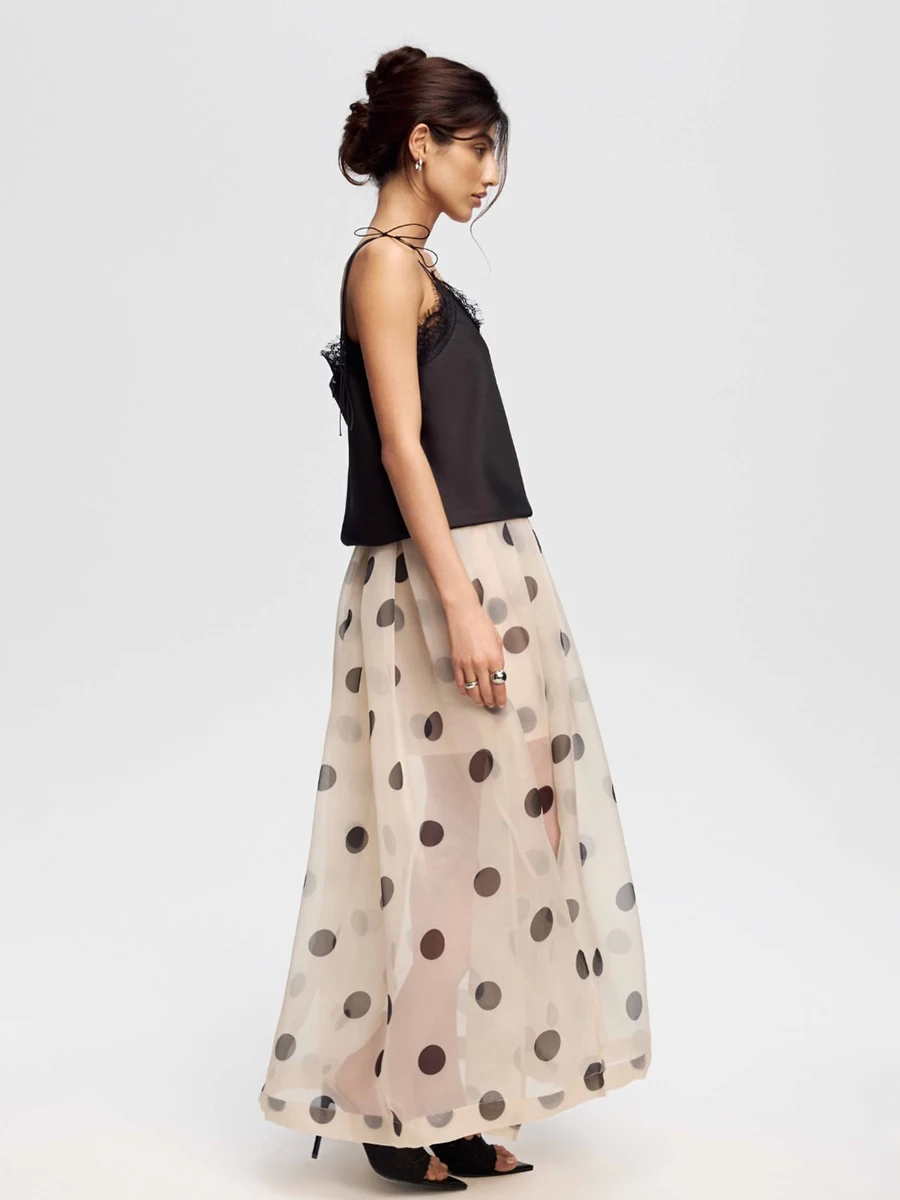 LIMO 2026 Summer See Through Polka Dot Organza Long Skirt High Waist Side Split Swing Maxi Skirt For Women