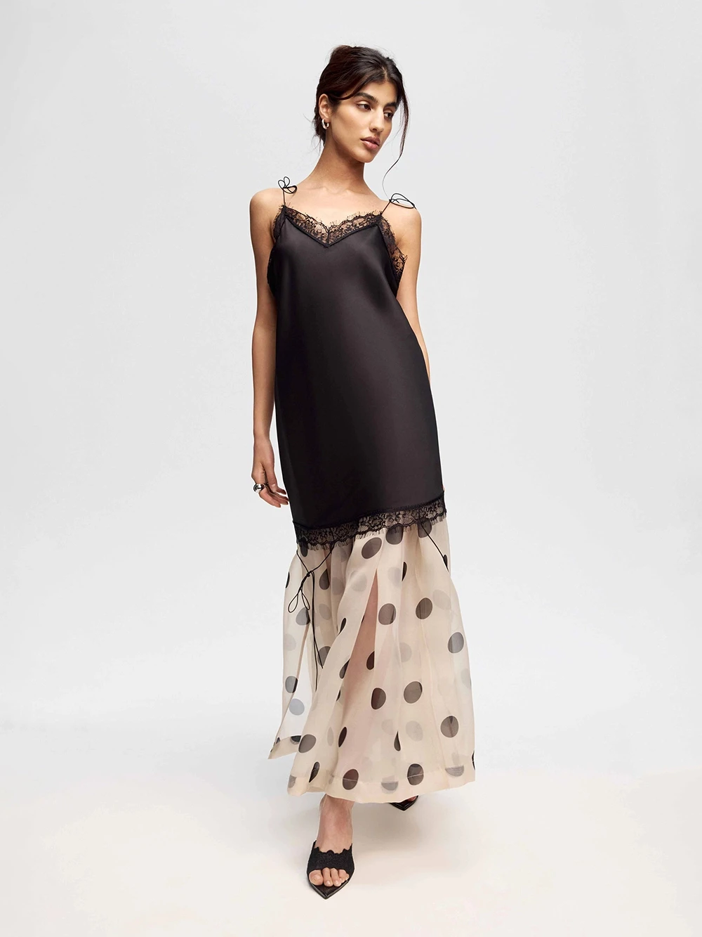 LIMO 2026 Summer See Through Polka Dot Organza Long Skirt High Waist Side Split Swing Maxi Skirt For Women