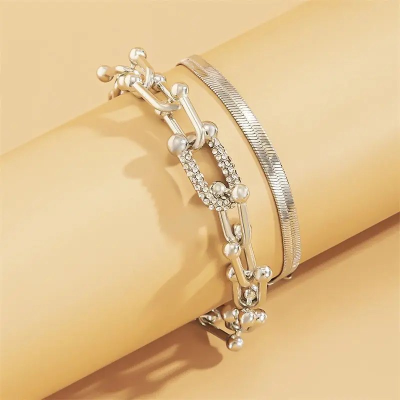 Trendy Personality Metal Snake Bone Bracelet Women Vintage Rhinestone U Shape Horseshoe Square Buckle Hip Hop Hand Accessory