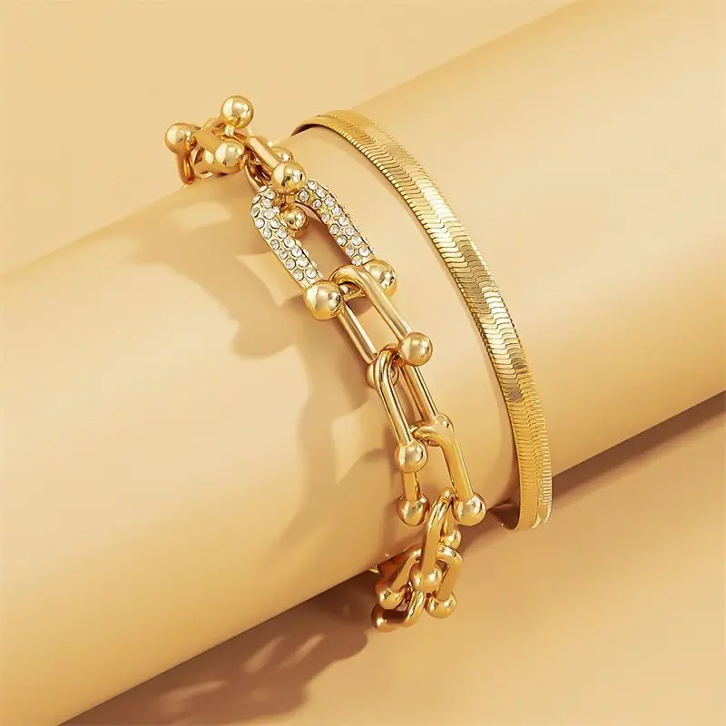 Trendy Personality Metal Snake Bone Bracelet Women Vintage Rhinestone U Shape Horseshoe Square Buckle Hip Hop Hand Accessory