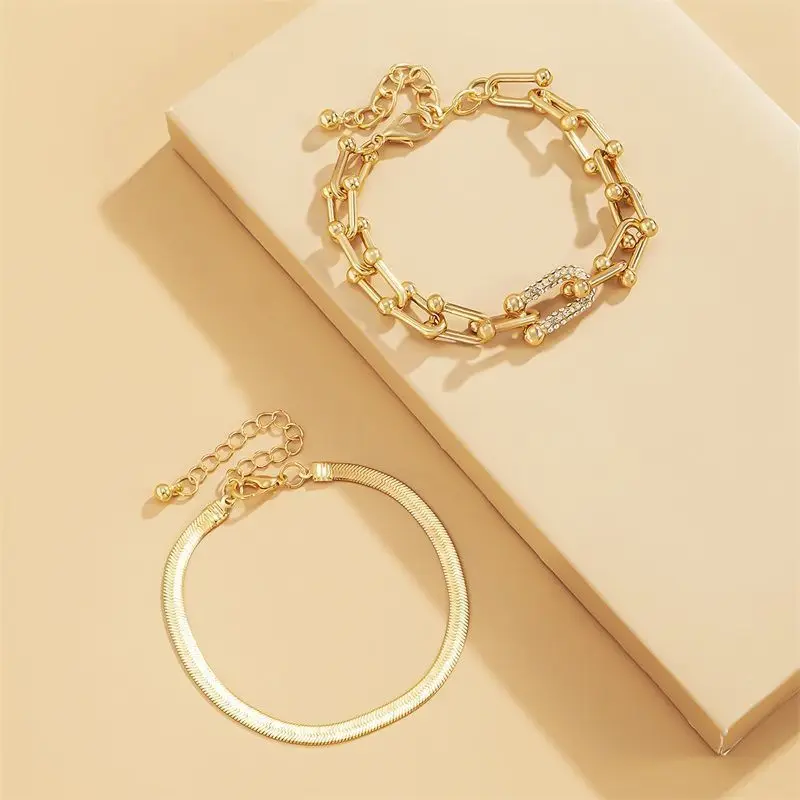 Trendy Personality Metal Snake Bone Bracelet Women Vintage Rhinestone U Shape Horseshoe Square Buckle Hip Hop Hand Accessory