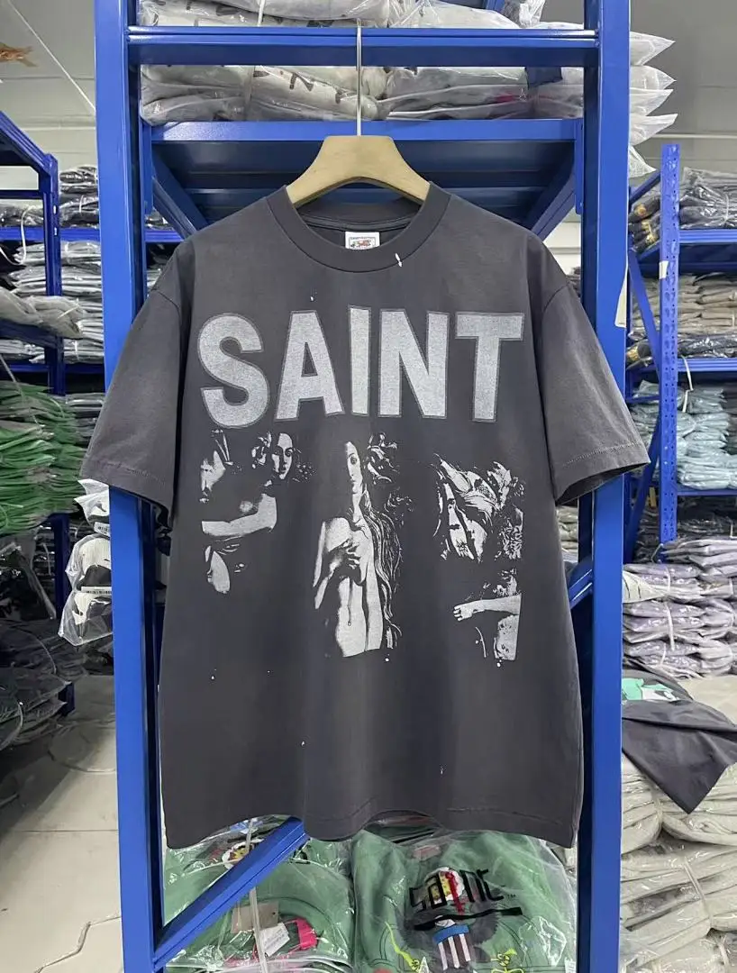 25SS Saint x Planet War Printed Women Men T shirts tees Hiphop Oversized Men Casual Cotton T shirt Summer Style