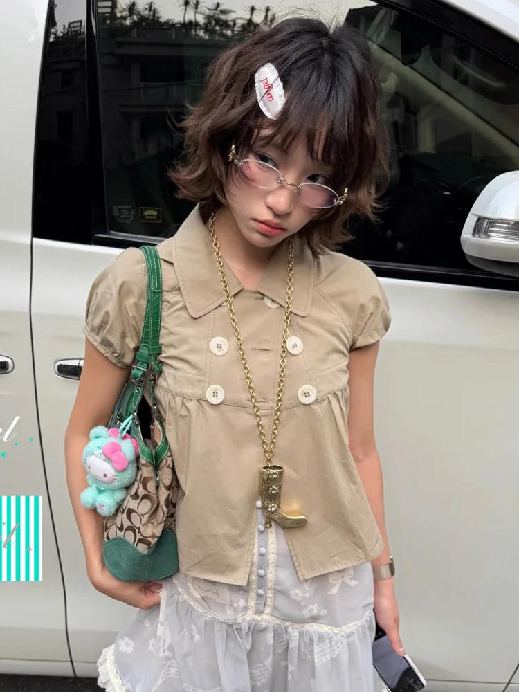 Genayooa Y2k Japanese Shirt Women Short Sleeve Button 2000s Aesthetic Vintage Tops Streetwear American Retro Summer Shirt Tops