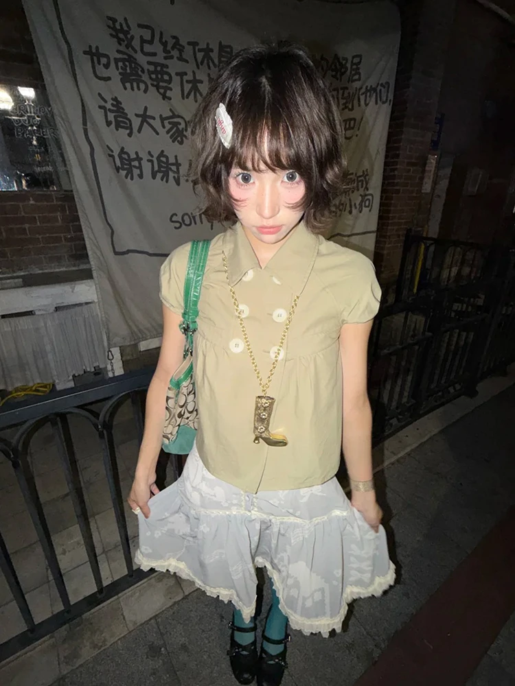 Genayooa Y2k Japanese Shirt Women Short Sleeve Button 2000s Aesthetic Vintage Tops Streetwear American Retro Summer Shirt Tops