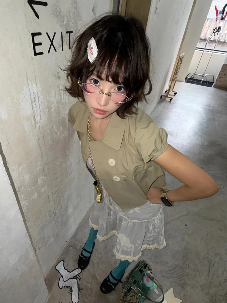 Genayooa Y2k Japanese Shirt Women Short Sleeve Button 2000s Aesthetic Vintage Tops Streetwear American Retro Summer Shirt Tops