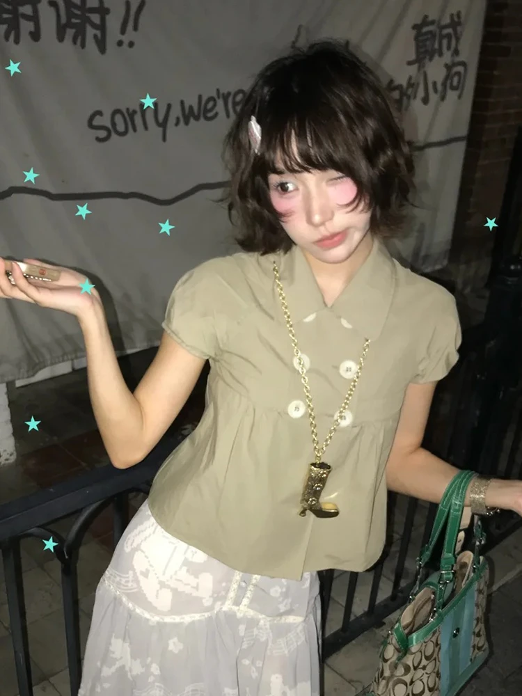 Genayooa Y2k Japanese Shirt Women Short Sleeve Button 2000s Aesthetic Vintage Tops Streetwear American Retro Summer Shirt Tops