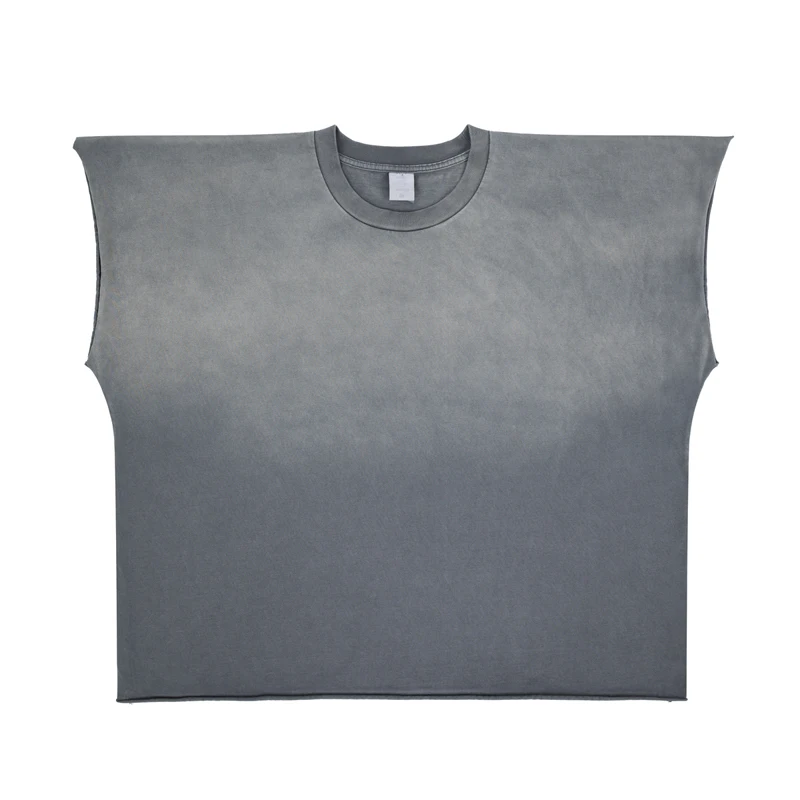 American Retro Sleeveless T-shirt Men Women Loose Gray Distressed Blank Round Neck Couple Tops Summer Tank Top Cotton Outfit