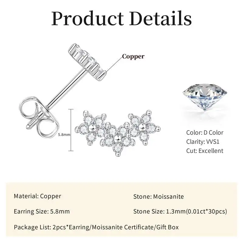 Lnngy Certified Moissanite Stud Earring Cute Flower Cartilage Earrings for Women Exquisite Five-pointed Star Ear Jewelry Gift