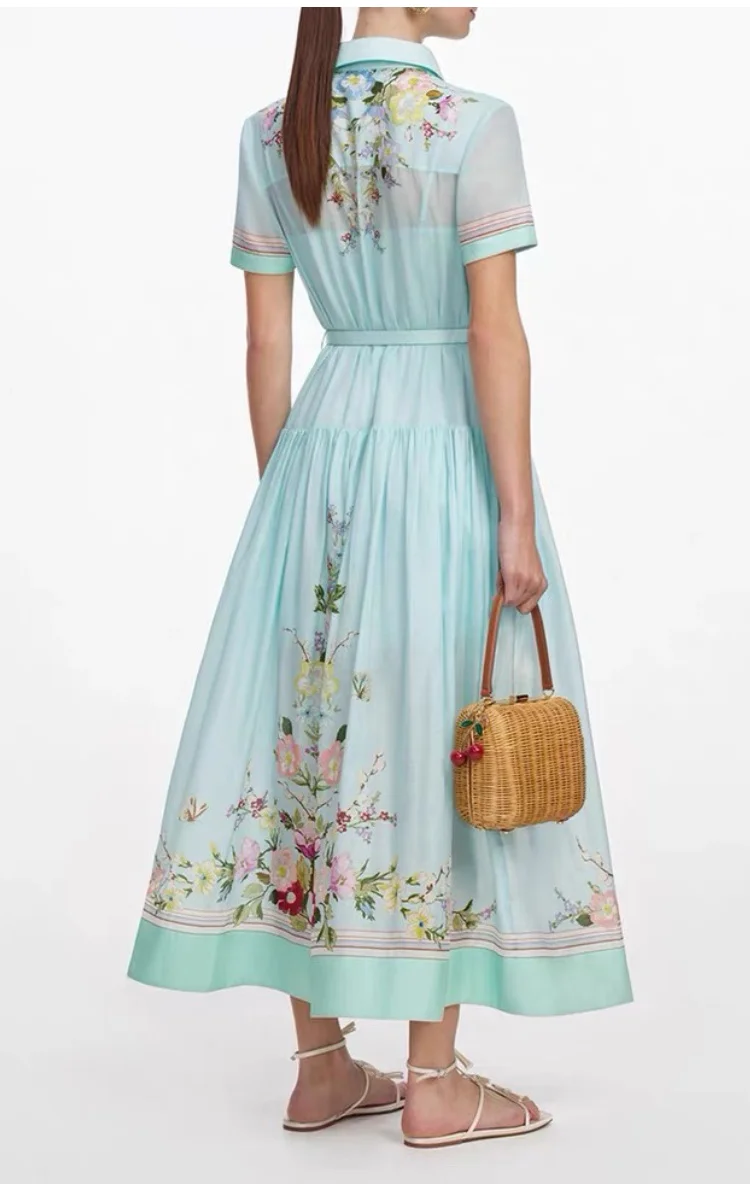 Women Elegant Floral Print Shirt Collar Maxi Dress 2026 Summer Short Sleeve Belted Long Dress Vintage Button Up Party Vestidos