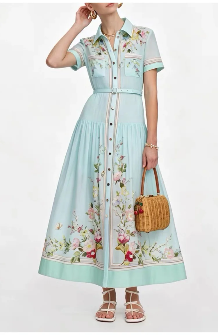 Women Elegant Floral Print Shirt Collar Maxi Dress 2026 Summer Short Sleeve Belted Long Dress Vintage Button Up Party Vestidos