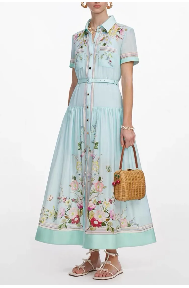 Women Elegant Floral Print Shirt Collar Maxi Dress 2026 Summer Short Sleeve Belted Long Dress Vintage Button Up Party Vestidos