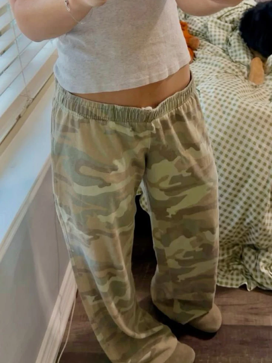 Camouflage Drawstring Sweatpant Women Summer Elastic Waist Straight Trousers American Vintage Streetwear Cotton Baggy Pants Y2k
