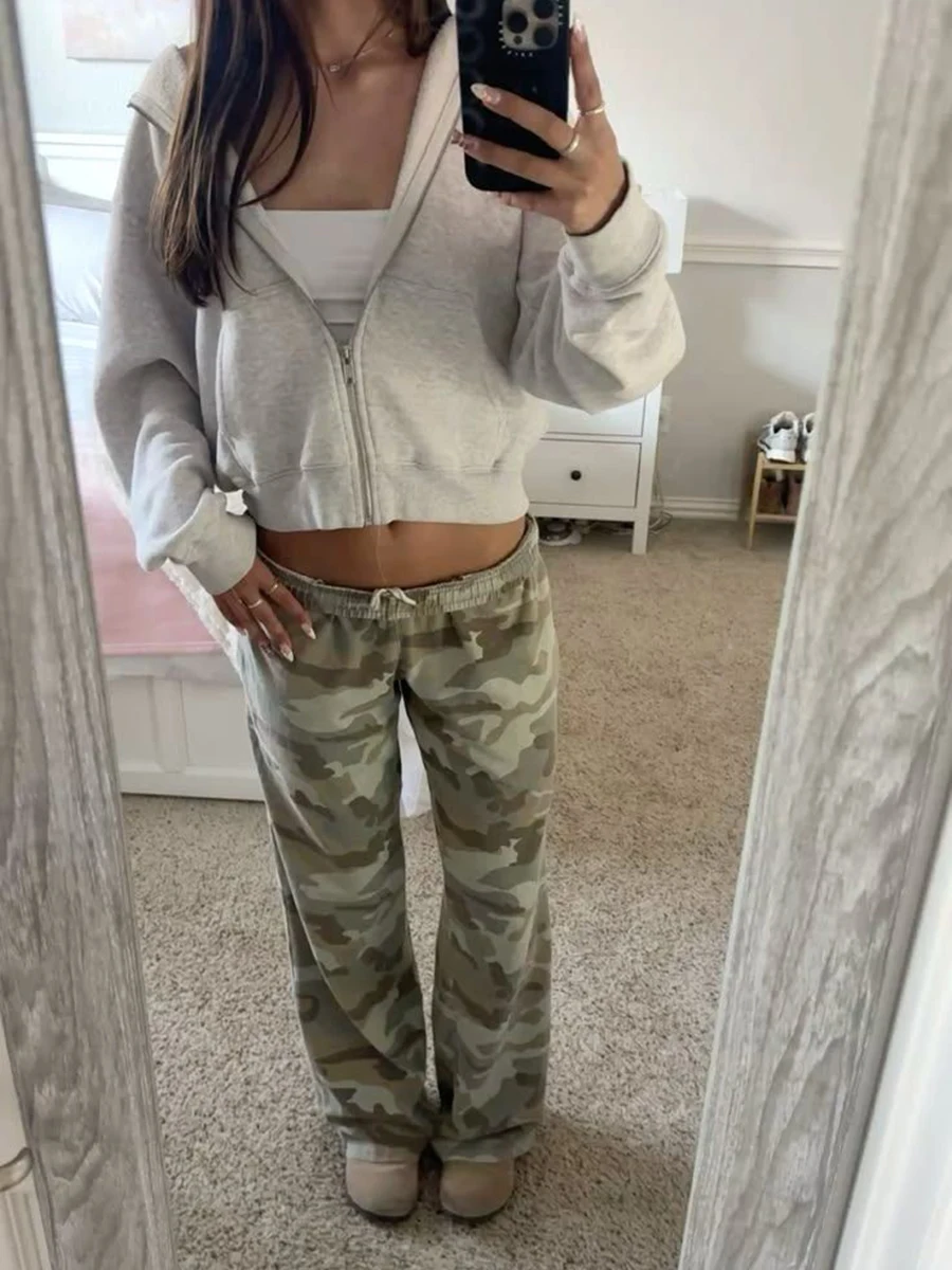 Camouflage Drawstring Sweatpant Women Summer Elastic Waist Straight Trousers American Vintage Streetwear Cotton Baggy Pants Y2k