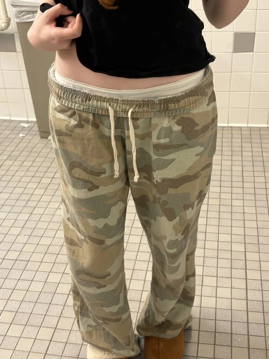 Camouflage Drawstring Sweatpant Women Summer Elastic Waist Straight Trousers American Vintage Streetwear Cotton Baggy Pants Y2k