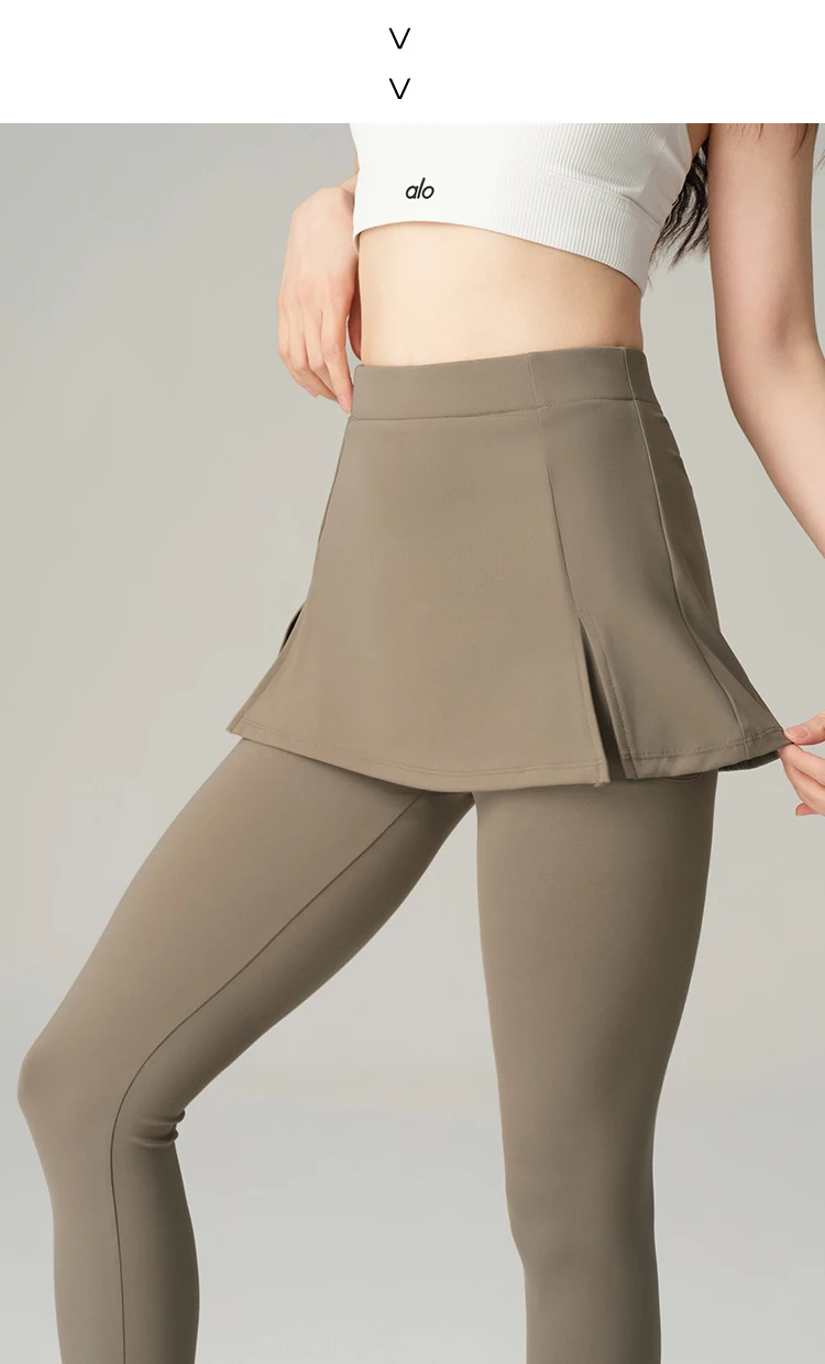 BIVIGAOS Fake Two-Piece Split Skirts Leggings Women Tennis Skirt Built-In Pockets Tight Sports Fitness Yoga Sharkskin Leggings