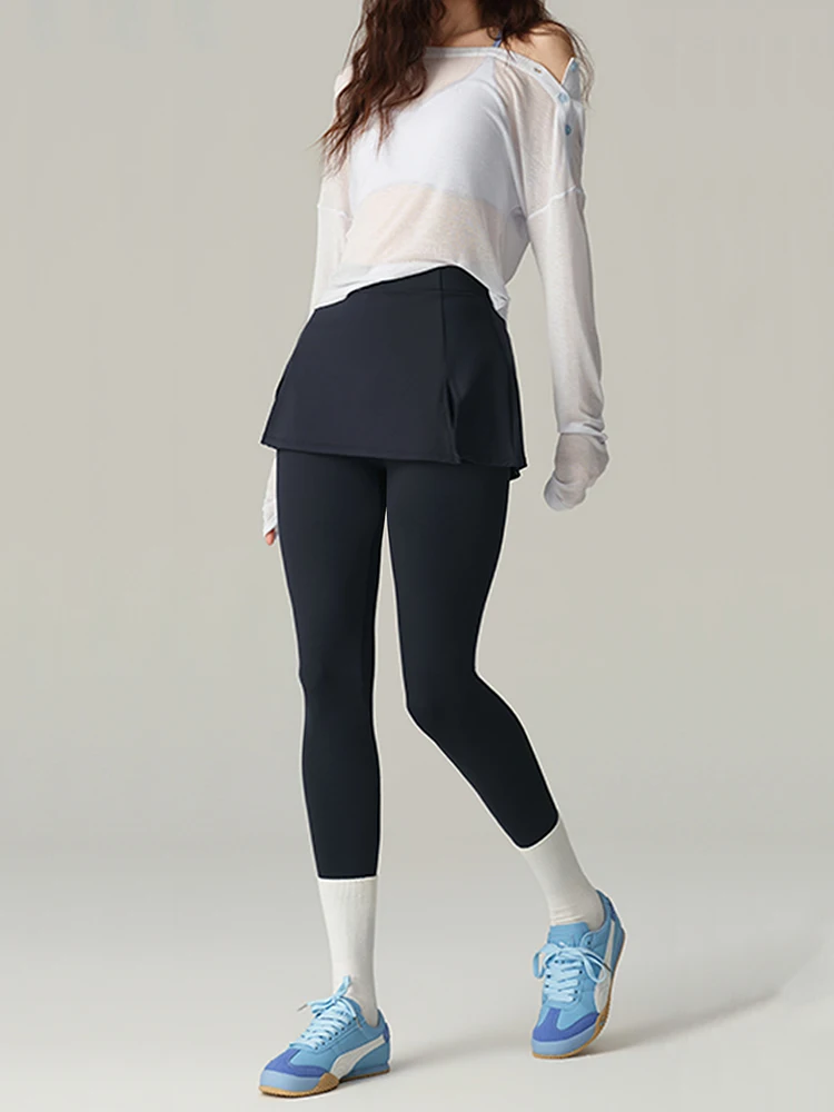 BIVIGAOS Fake Two-Piece Split Skirts Leggings Women Tennis Skirt Built-In Pockets Tight Sports Fitness Yoga Sharkskin Leggings