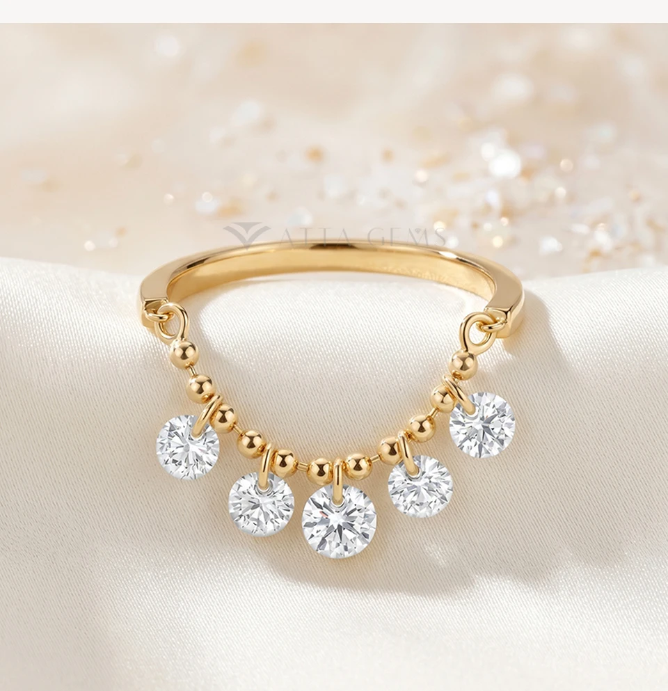 ATTAGEMS Bead Chain Tassel Drilled Moissanite Ring Gold Plated Copper Fashion Women Ring Daily Wear Jewelry BirthdayGift for Her