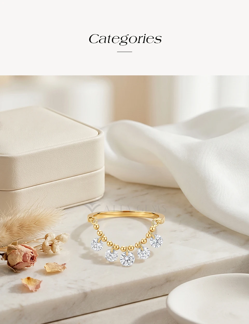 ATTAGEMS Bead Chain Tassel Drilled Moissanite Ring Gold Plated Copper Fashion Women Ring Daily Wear Jewelry BirthdayGift for Her