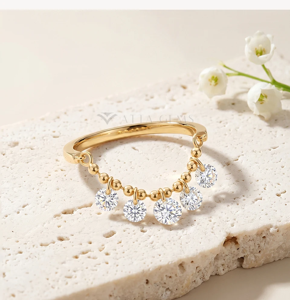 ATTAGEMS Bead Chain Tassel Drilled Moissanite Ring Gold Plated Copper Fashion Women Ring Daily Wear Jewelry BirthdayGift for Her