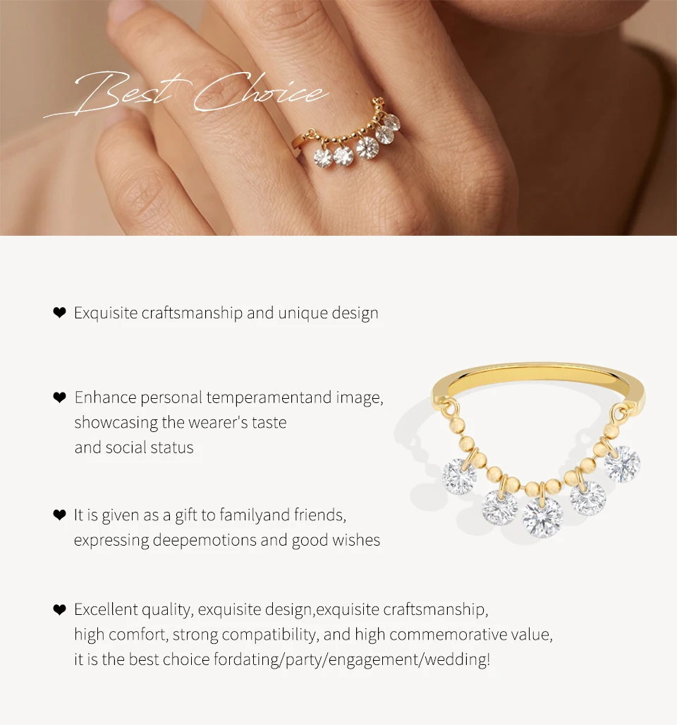 ATTAGEMS Bead Chain Tassel Drilled Moissanite Ring Gold Plated Copper Fashion Women Ring Daily Wear Jewelry BirthdayGift for Her