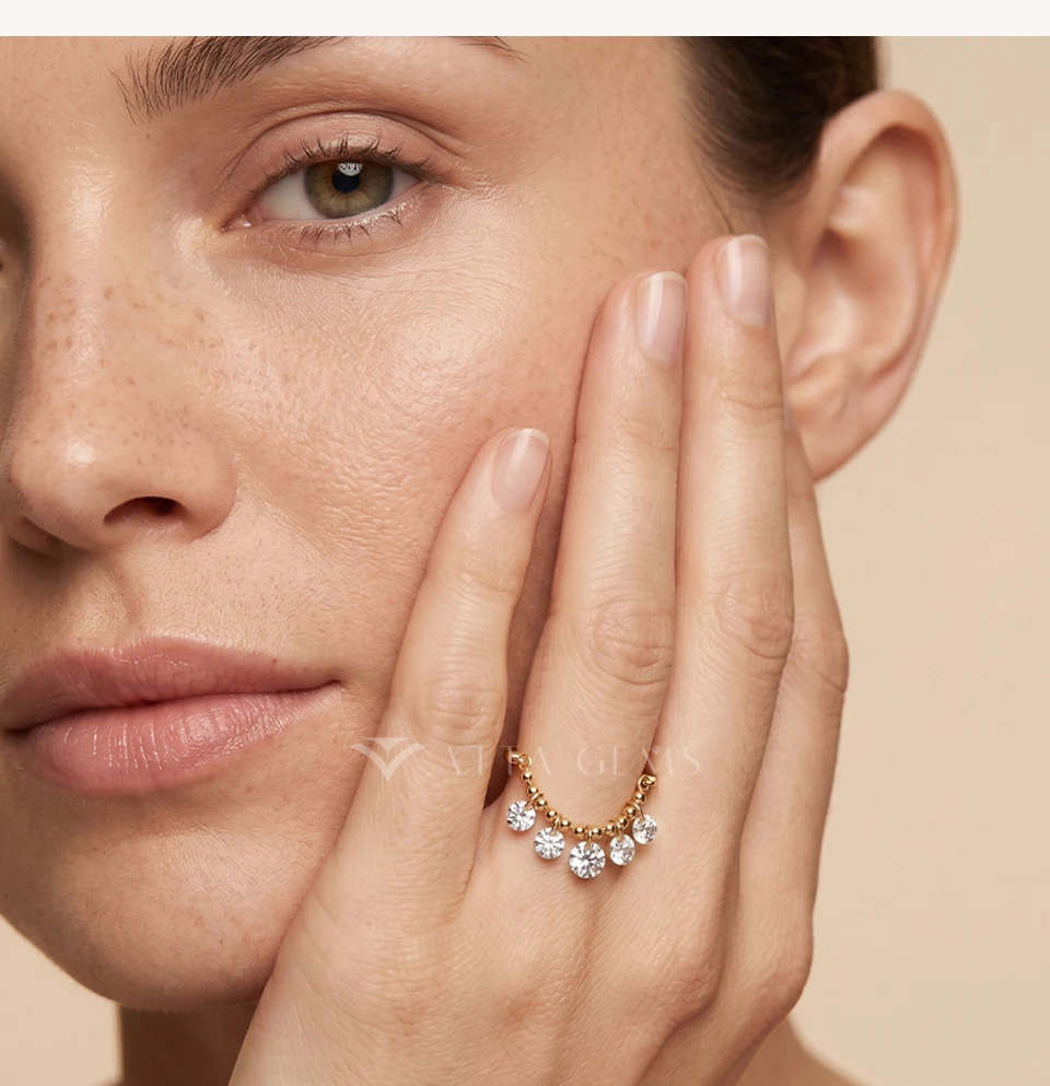 ATTAGEMS Bead Chain Tassel Drilled Moissanite Ring Gold Plated Copper Fashion Women Ring Daily Wear Jewelry BirthdayGift for Her