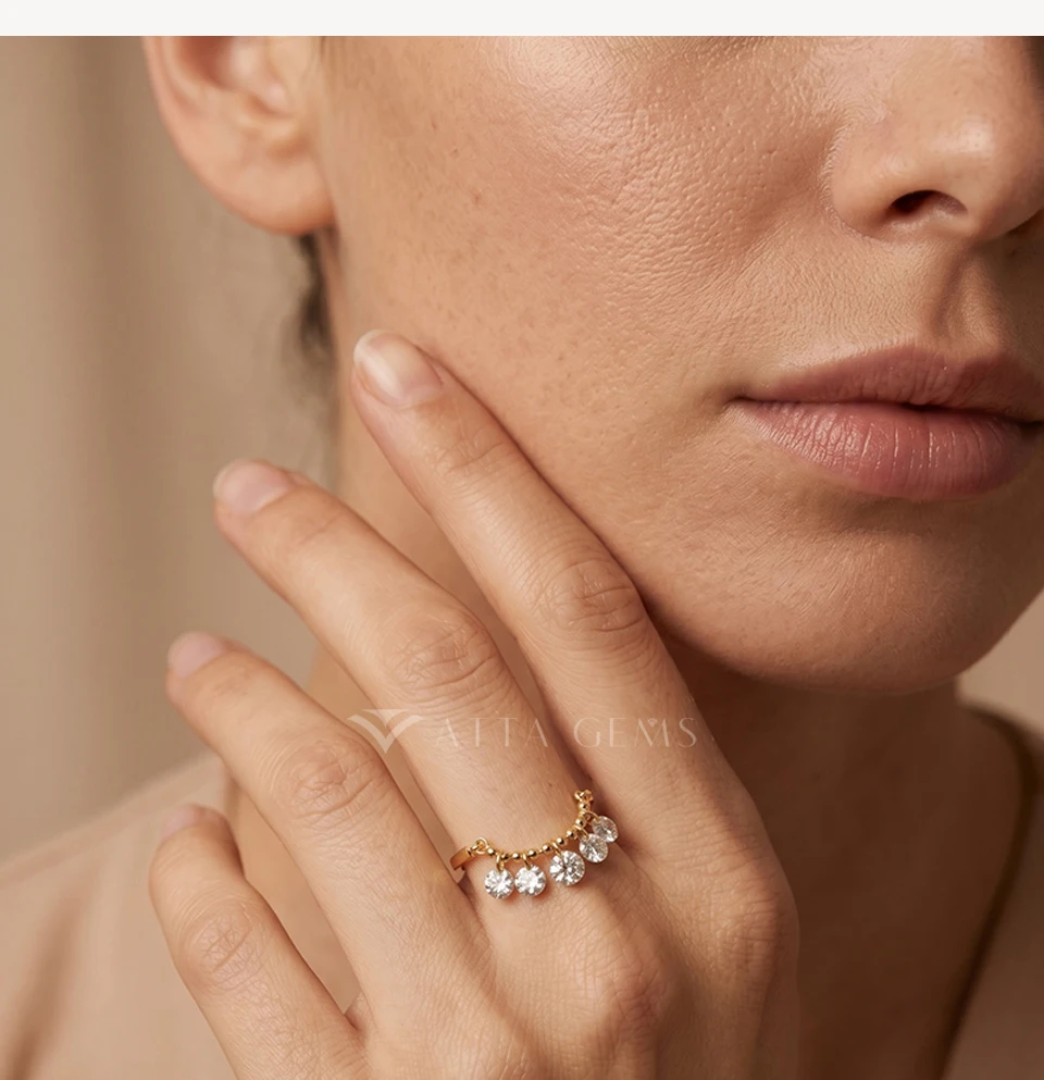 ATTAGEMS Bead Chain Tassel Drilled Moissanite Ring Gold Plated Copper Fashion Women Ring Daily Wear Jewelry BirthdayGift for Her