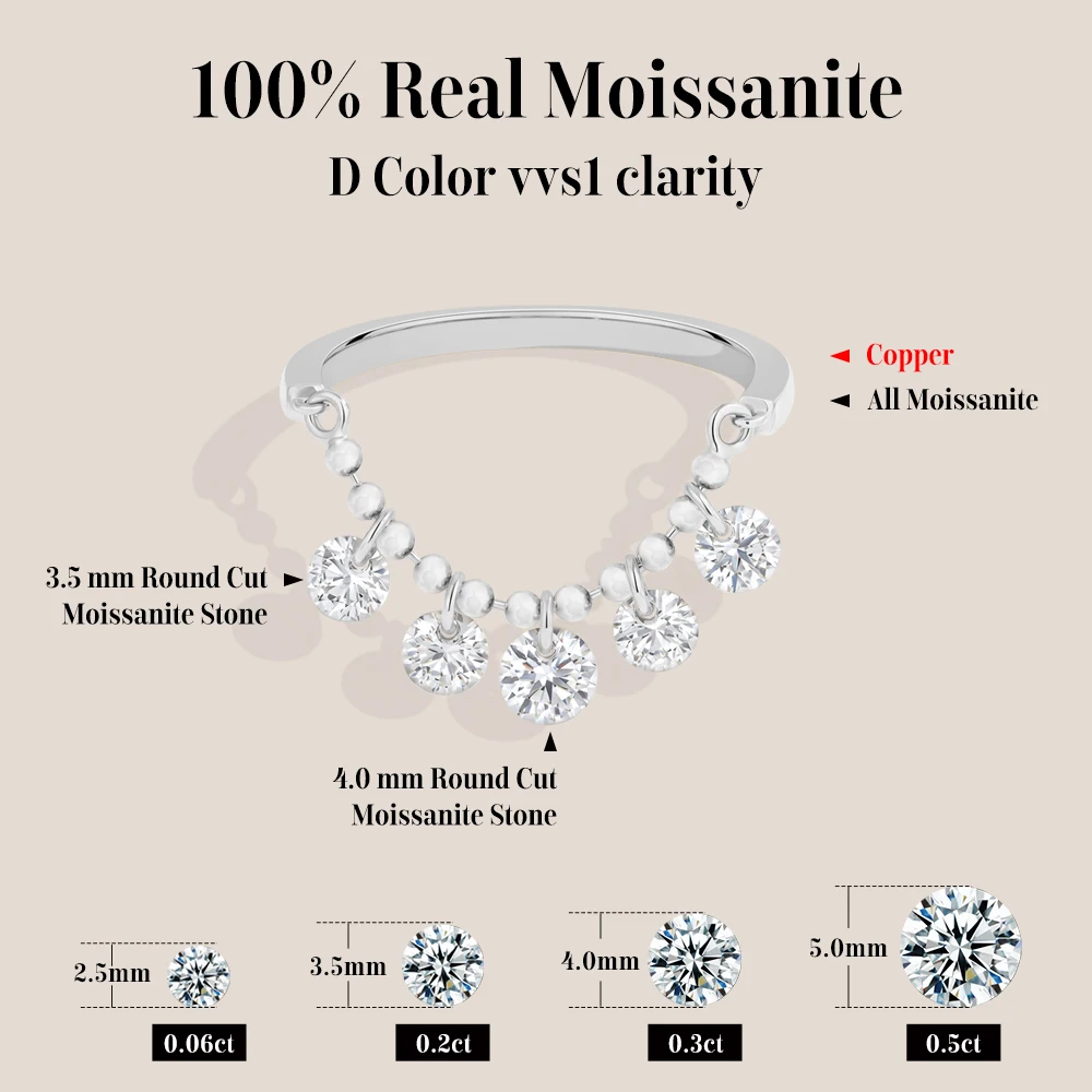 ATTAGEMS Bead Chain Tassel Drilled Moissanite Ring Gold Plated Copper Fashion Women Ring Daily Wear Jewelry BirthdayGift for Her