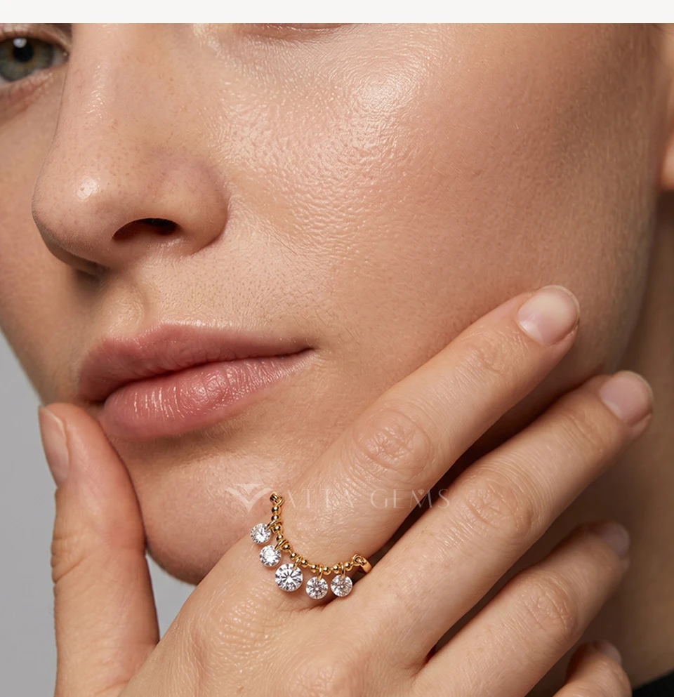 ATTAGEMS Bead Chain Tassel Drilled Moissanite Ring Gold Plated Copper Fashion Women Ring Daily Wear Jewelry BirthdayGift for Her