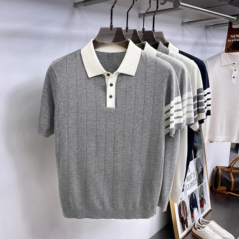 Summer Old Money Style Men's Short-Sleeved Polo Knitted Shirt Lapel Button Striped Paneled Colors Casual Snug Slim Fit Man Shirt