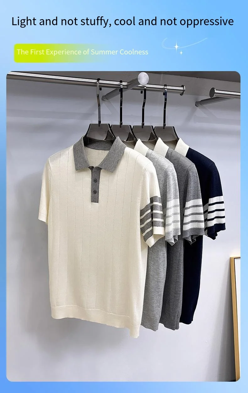 Summer Old Money Style Men's Short-Sleeved Polo Knitted Shirt Lapel Button Striped Paneled Colors Casual Snug Slim Fit Man Shirt