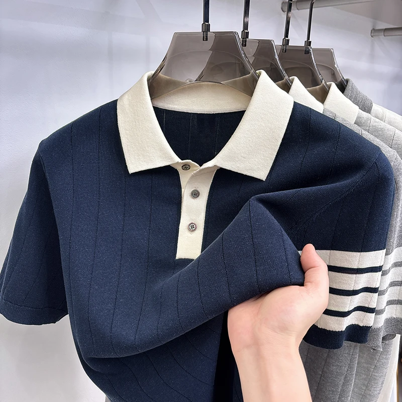 Summer Old Money Style Men's Short-Sleeved Polo Knitted Shirt Lapel Button Striped Paneled Colors Casual Snug Slim Fit Man Shirt