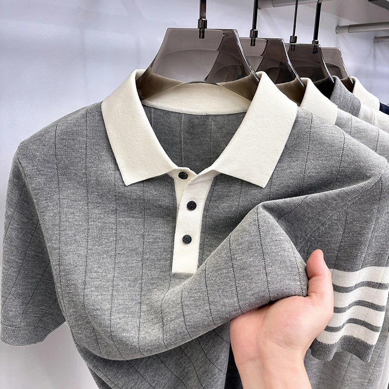 Summer Old Money Style Men's Short-Sleeved Polo Knitted Shirt Lapel Button Striped Paneled Colors Casual Snug Slim Fit Man Shirt