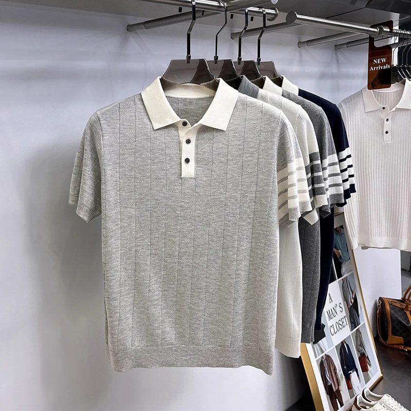 Summer Old Money Style Men's Short-Sleeved Polo Knitted Shirt Lapel Button Striped Paneled Colors Casual Snug Slim Fit Man Shirt