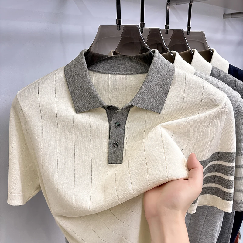 Summer Old Money Style Men's Short-Sleeved Polo Knitted Shirt Lapel Button Striped Paneled Colors Casual Snug Slim Fit Man Shirt