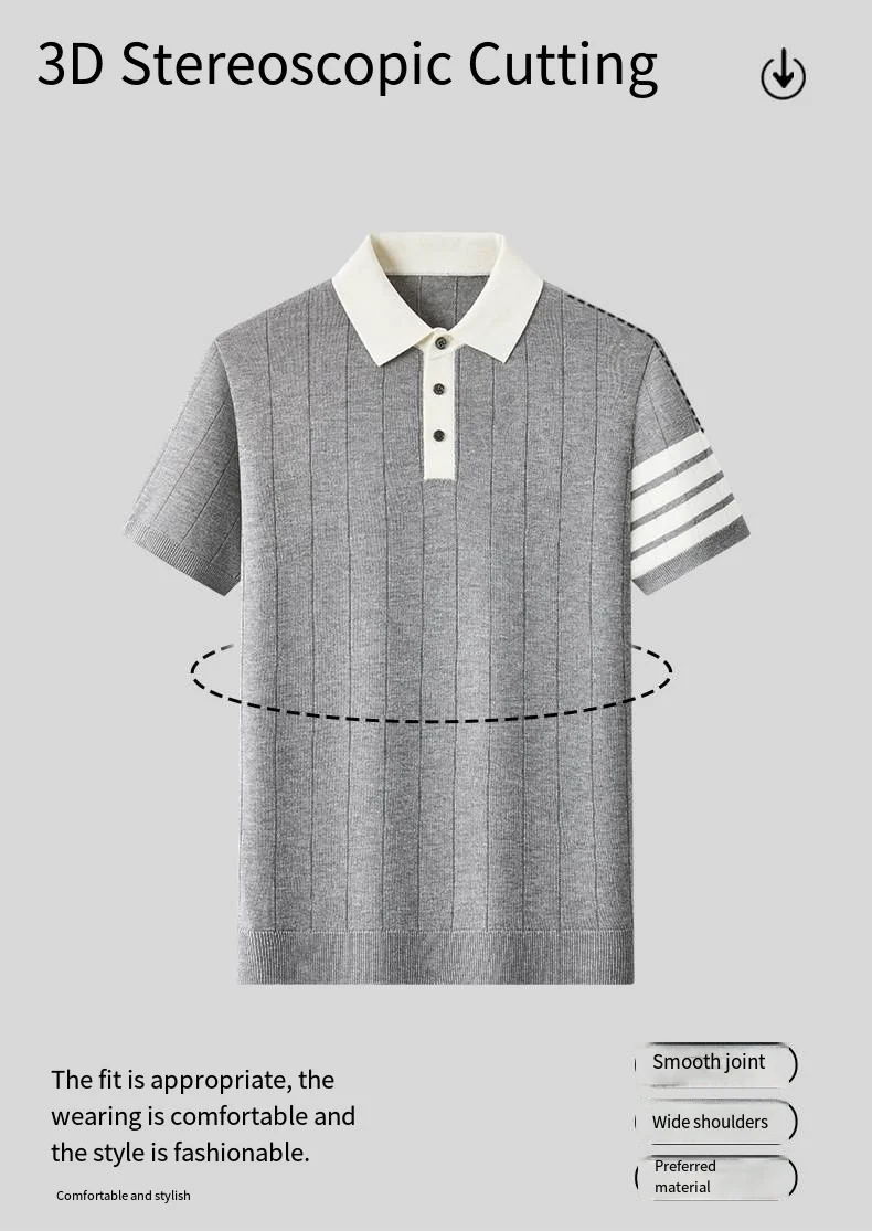 Summer Old Money Style Men's Short-Sleeved Polo Knitted Shirt Lapel Button Striped Paneled Colors Casual Snug Slim Fit Man Shirt