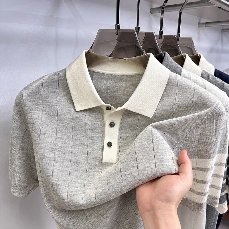 Summer Old Money Style Men's Short-Sleeved Polo Knitted Shirt Lapel Button Striped Paneled Colors Casual Snug Slim Fit Man Shirt