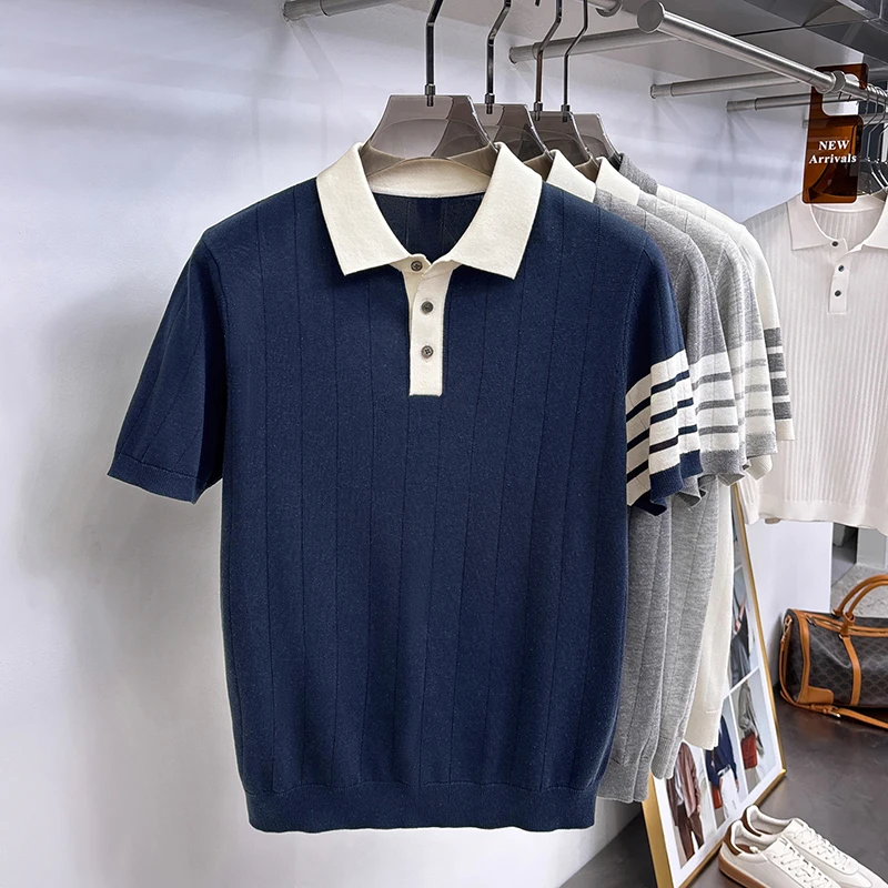 Summer Old Money Style Men's Short-Sleeved Polo Knitted Shirt Lapel Button Striped Paneled Colors Casual Snug Slim Fit Man Shirt