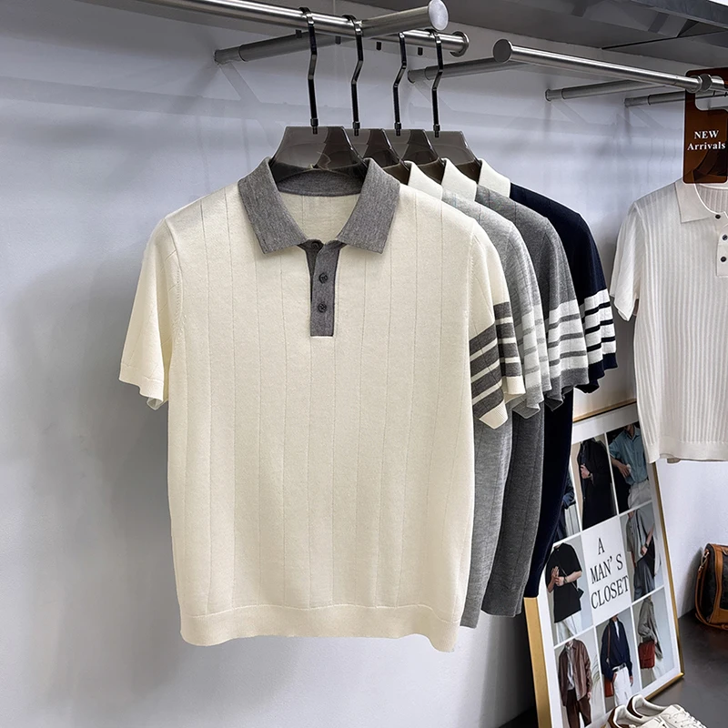 Summer Old Money Style Men's Short-Sleeved Polo Knitted Shirt Lapel Button Striped Paneled Colors Casual Snug Slim Fit Man Shirt