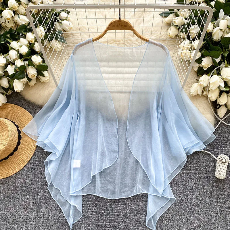 Extremely Simple Style Solid Color Mesh Cardigan Shawl Women's Summer New Loose Sweet Sunscreen Blouse Top Trendy C475