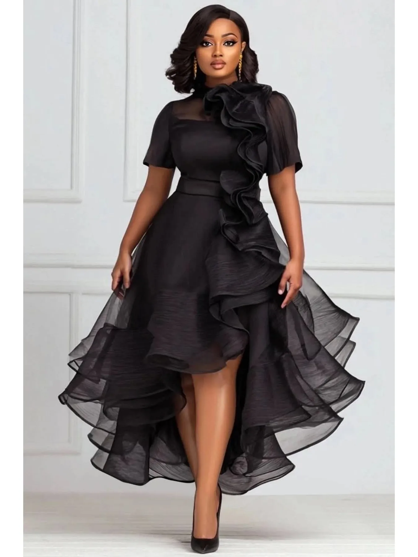 Organza High‑Low Plus Size Dress Short Sleeve 3D Ruffle Asymmetric Hem Formal Gown Women Curvy Evening Cocktail Elegant Dress